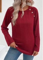 Wine Red Button Long Sleeve Round Neck T Shirt