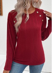 Wine Red Button Long Sleeve Round Neck T Shirt | thumb picture 