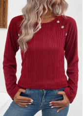 Wine Red Button Long Sleeve Round Neck T Shirt | thumb picture 