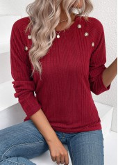 Wine Red Button Long Sleeve Round Neck T Shirt | thumb picture 