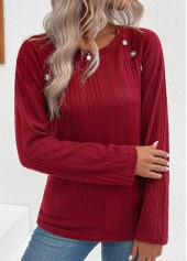 Wine Red Button Long Sleeve Round Neck T Shirt | thumb picture 