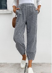 Black Plaid Elastic Waist High Waisted Pants