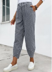 Black Plaid Elastic Waist High Waisted Pants