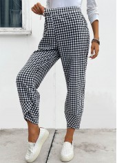 Black Plaid Elastic Waist High Waisted Pants