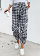 Black Plaid Elastic Waist High Waisted Pants