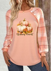 Halloween Dusty Pink Button Long Sleeve Round Neck Sweatshirt