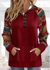 Wine Red Patchwork Tribal Print Long Sleeve Hoodie