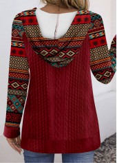 Wine Red Patchwork Tribal Print Long Sleeve Hoodie | thumb picture 