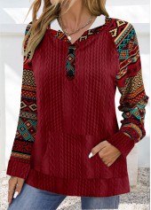 Wine Red Patchwork Tribal Print Long Sleeve Hoodie | thumb picture 