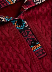 Wine Red Patchwork Tribal Print Long Sleeve Hoodie | thumb picture 