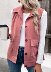 Dusty Pink Button Up Turn Down Collar Corduroy Waistcoat