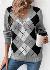 Grey Patchwork Plaid Long Sleeve V Neck Sweater