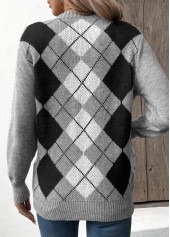 Grey Patchwork Plaid Long Sleeve V Neck Sweater | thumb picture 