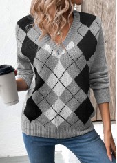 Grey Patchwork Plaid Long Sleeve V Neck Sweater | thumb picture 