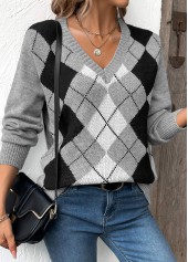 Grey Patchwork Plaid Long Sleeve V Neck Sweater | thumb picture 