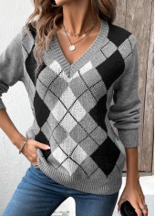 Grey Patchwork Plaid Long Sleeve V Neck Sweater | thumb picture 