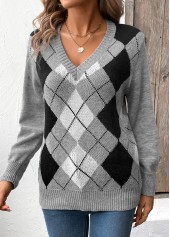 Grey Patchwork Plaid Long Sleeve V Neck Sweater | thumb picture 