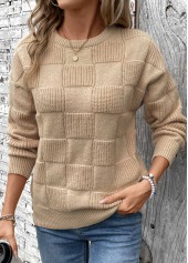 Light Coffee Patchwork Long Sleeve Round Neck Sweater | thumb picture 