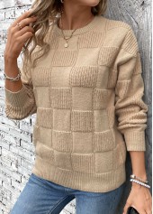 Light Coffee Patchwork Long Sleeve Round Neck Sweater | thumb picture 