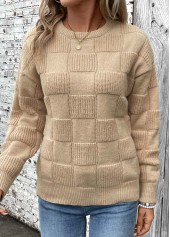 Light Coffee Patchwork Long Sleeve Round Neck Sweater