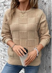 Light Coffee Patchwork Long Sleeve Round Neck Sweater | thumb picture 