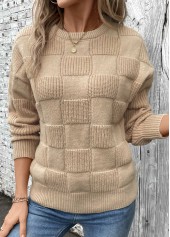 Light Coffee Patchwork Long Sleeve Round Neck Sweater | thumb picture 