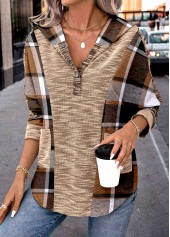 Dark Coffee Patchwork Plaid Long Sleeve Hoodie