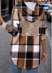 Dark Coffee Patchwork Plaid Long Sleeve Hoodie | thumb picture 