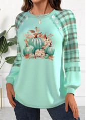 Striped Mint Green Button Pumpkin Print Long Sleeve Sweatshirt | thumb picture 