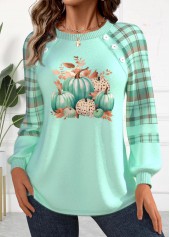 Striped Mint Green Button Pumpkin Print Long Sleeve Sweatshirt