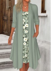 Plus Size Sage Green Tummy Coverage Floral Print Dress