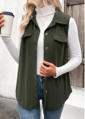 Olive Green Patchwork Sleeveless Shirt Collar Corduroy Waistcoat