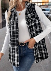 Black Patchwork Plaid Sleeveless Turn Down Collar Waistcoat