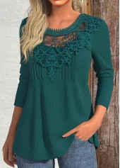 Blackish Green Patchwork Long Sleeve Round Neck T Shirt | thumb picture 