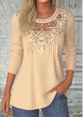 Light Camel Patchwork Long Sleeve Round Neck T Shirt