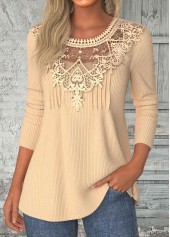 Light Camel Patchwork Long Sleeve Round Neck T Shirt | thumb picture 