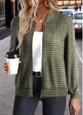 Olive Green Jacquard Long Sleeve Stand Collar Jacket