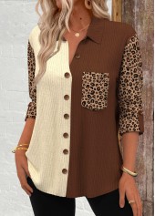 Dark Camel Patchwork Leopard Long Sleeve Corduroy Shirt | thumb picture 