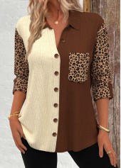 Dark Camel Patchwork Leopard Long Sleeve Corduroy Shirt