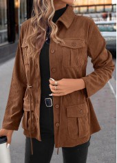 Dark Coffee Drawstring Long Sleeve Shirt Collar Coat | thumb picture 