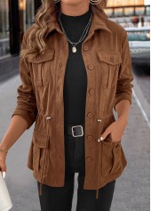 Dark Coffee Drawstring Long Sleeve Shirt Collar Coat | thumb picture 