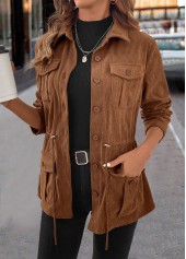 Dark Coffee Drawstring Long Sleeve Shirt Collar Coat | thumb picture 