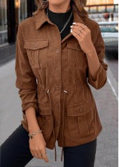 Dark Coffee Drawstring Long Sleeve Shirt Collar Coat | thumb picture 