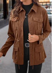 Dark Coffee Drawstring Long Sleeve Shirt Collar Coat | thumb picture 