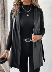 Black Faux Leather Sleeveless Lapel Waistcoat