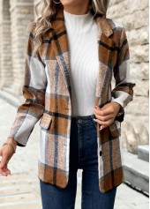 Dark Camel Button Plaid Long Sleeve Lapel Coat | thumb picture 