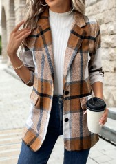 Dark Camel Button Plaid Long Sleeve Lapel Coat | thumb picture 