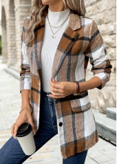 Dark Camel Button Plaid Long Sleeve Lapel Coat