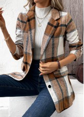 Dark Camel Button Plaid Long Sleeve Lapel Coat | thumb picture 