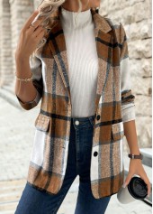Dark Camel Button Plaid Long Sleeve Lapel Coat | thumb picture 